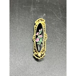 Vintage Oval Floral Brooch‎ Pin Gold Tone Black Enamel Pink Flowers Jewelry